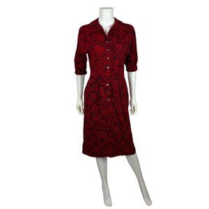Vintage 50s Floral Dress Womens Small Red Black Batwing Sleeves Shirtdress
